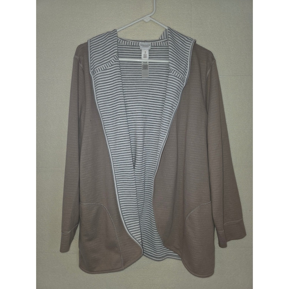 Chicos Weekends Open Front Hooded Cardigan Taupe Striped Lining Size 3 XL
